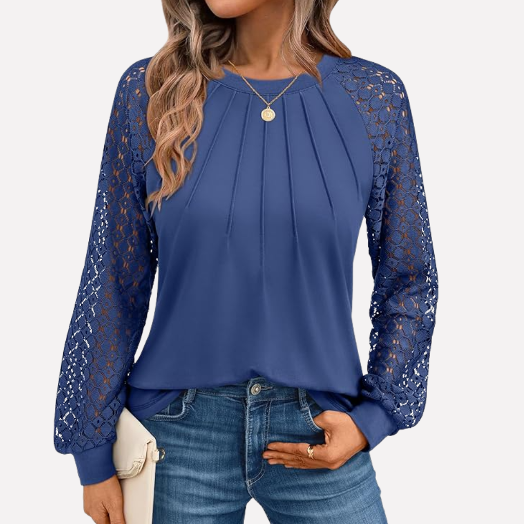 Blouse met lange mouwen, plooien en kant voor dames