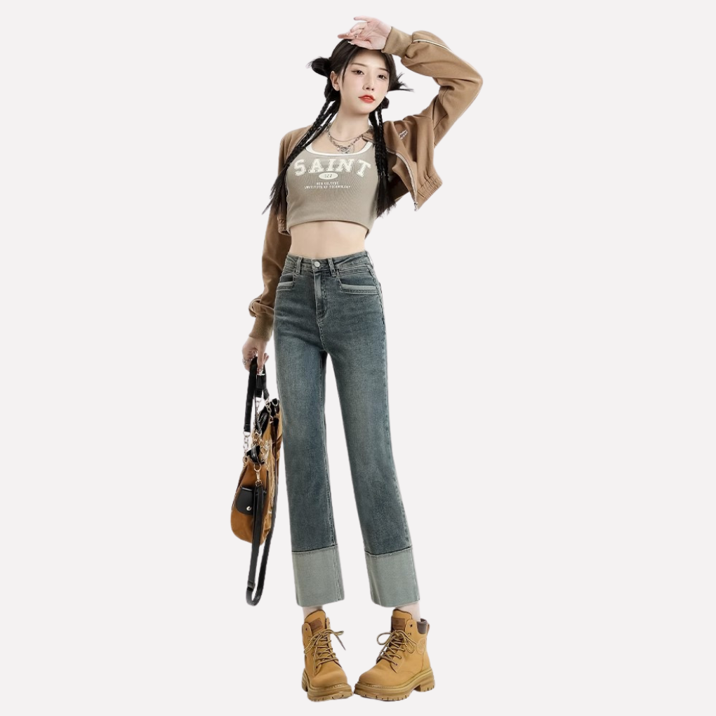 Vrouwen Jeans met Hoge Taille en Brede Pijpen