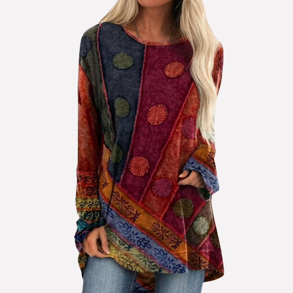 Vrouwen Tuniek met lange Mouwen en Artistiek Patchwork Patroon