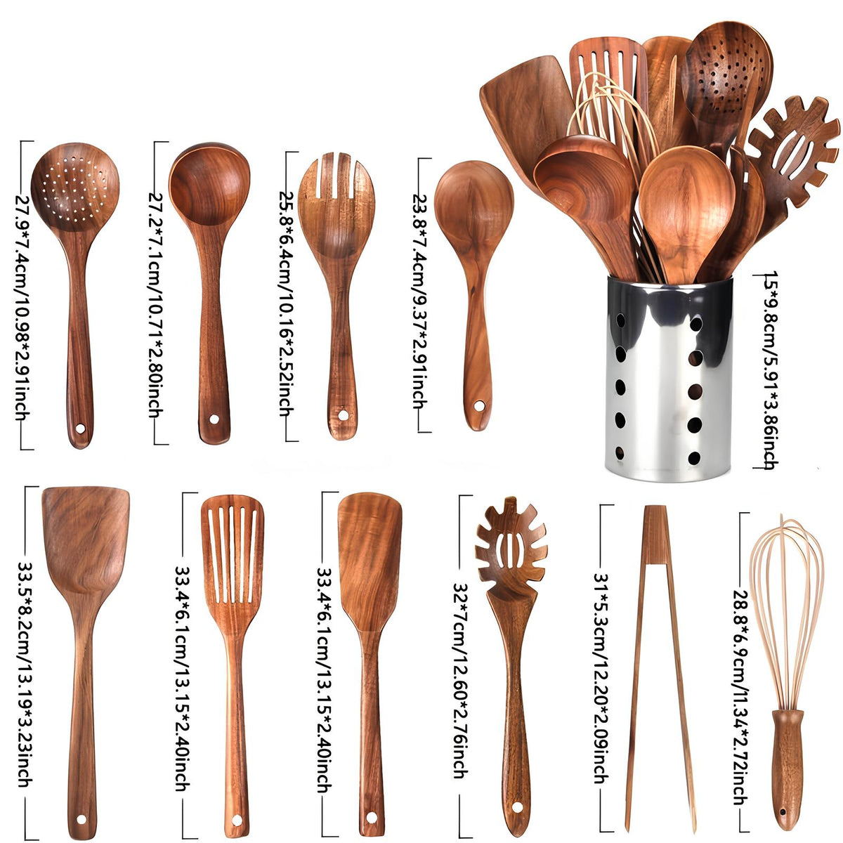 Teakhouten Keukengereedschapset 11-delig | Met Houder | Natuurlijk Hout