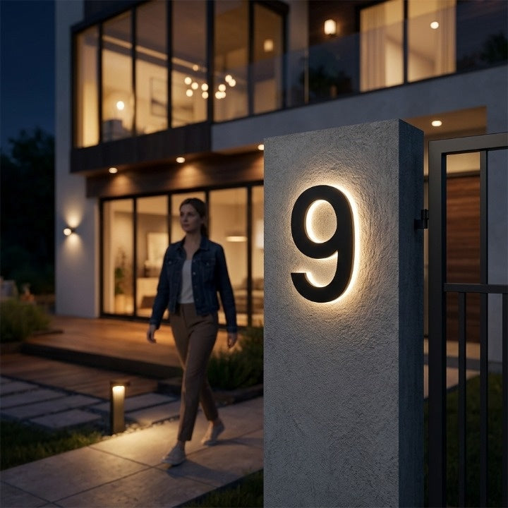 LED-huisnummerbord met achtergrondverlichting – modern, verlicht naambordje voor de ingang
