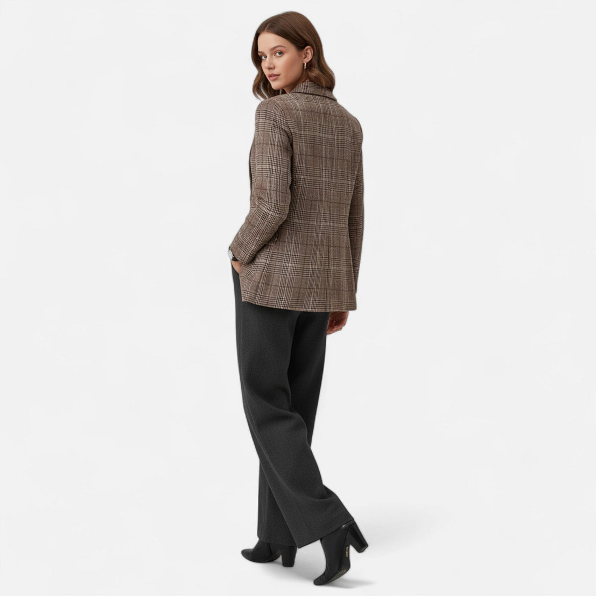 Dames geruite blazer met enkele knoopsluiting, getailleerde pasvorm, bruin