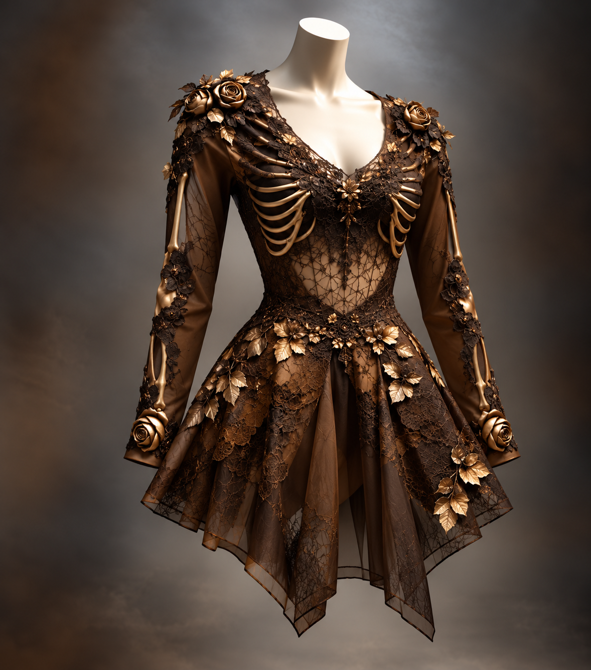 Gothic damesjurk met lange mouwen, V-hals en bot- en bloemdetail, mini