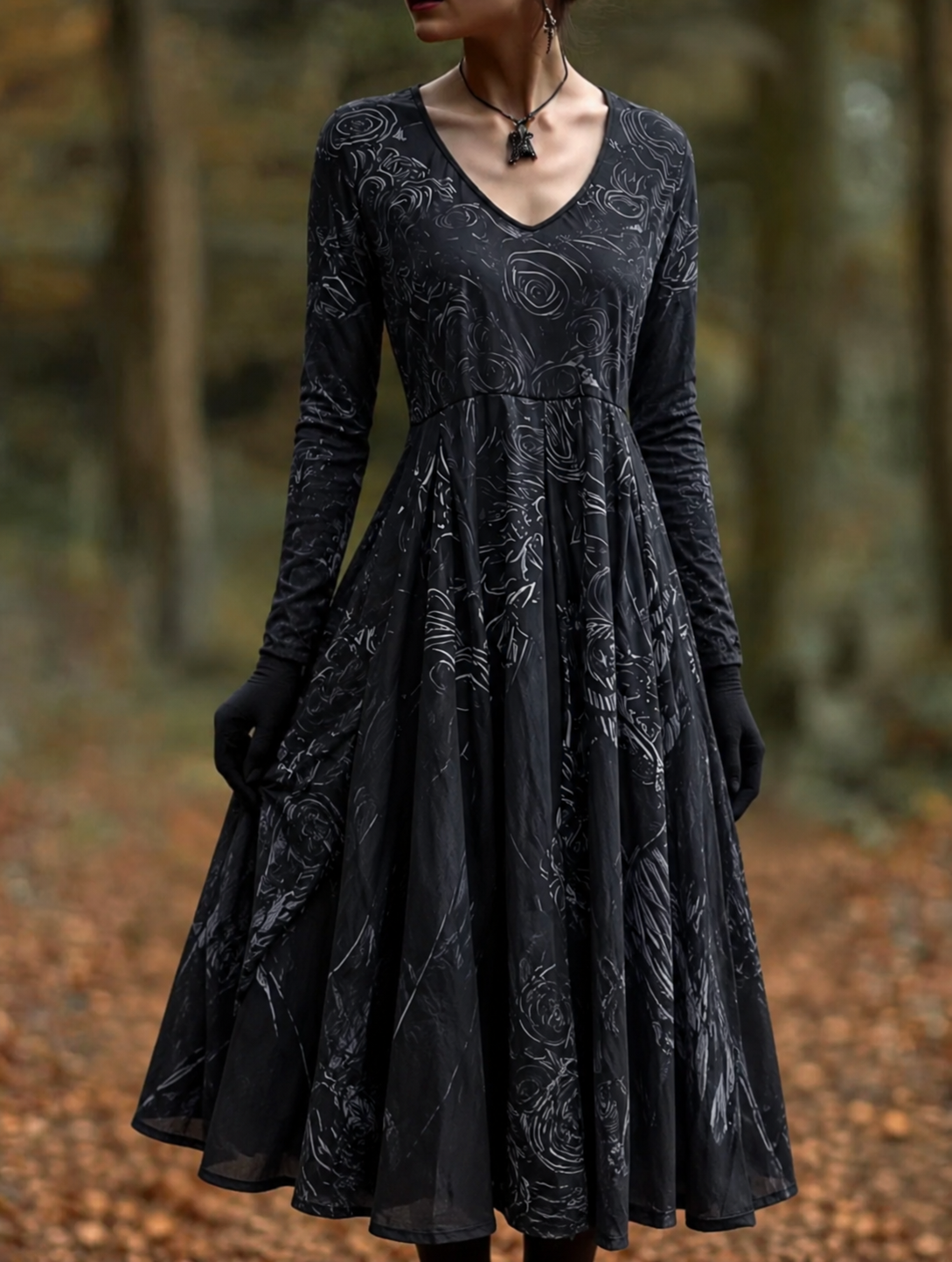 Zwarte maxi-jurk voor dames met roosapplicatie en lange mouwen, Halloween