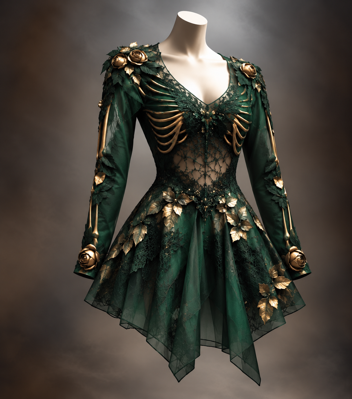 Gothic damesjurk met lange mouwen, V-hals en bot- en bloemdetail, mini