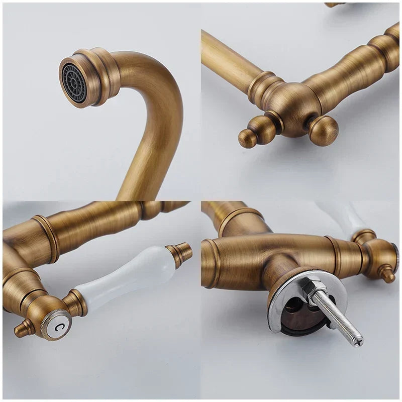 Bronzen keukenkraan - dubbele hendel | Warm en koud water