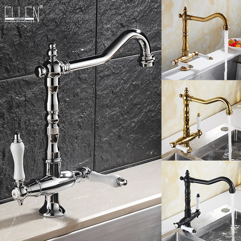 Bronzen keukenkraan - dubbele hendel | Warm en koud water