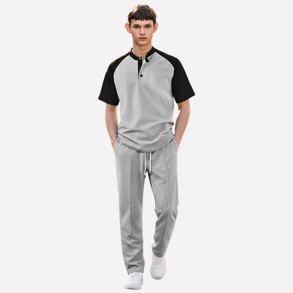 Heren Lounge Set – Knoopshirt met Wafeltextuur Broek