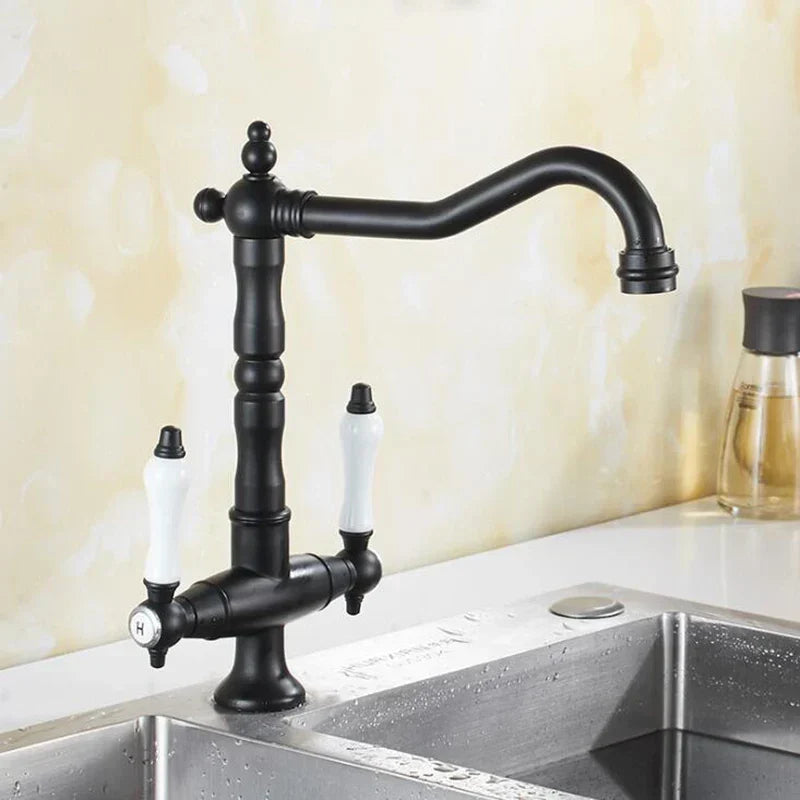 Bronzen keukenkraan - dubbele hendel | Warm en koud water
