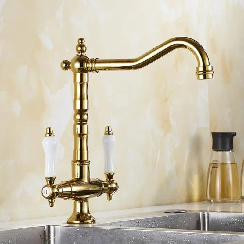 Bronzen keukenkraan - dubbele hendel | Warm en koud water