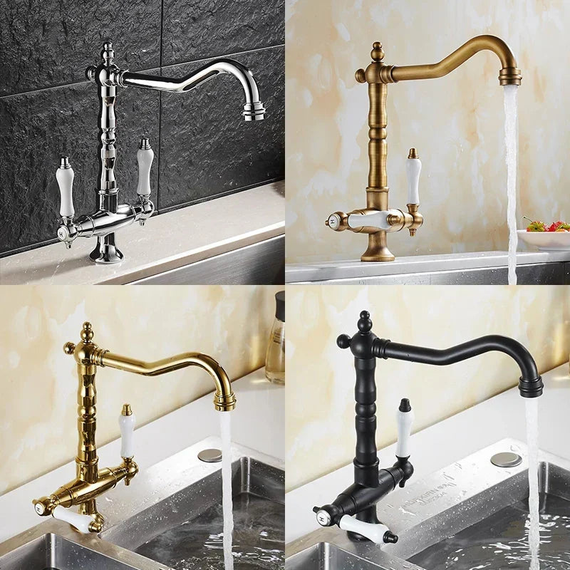 Bronzen keukenkraan - dubbele hendel | Warm en koud water