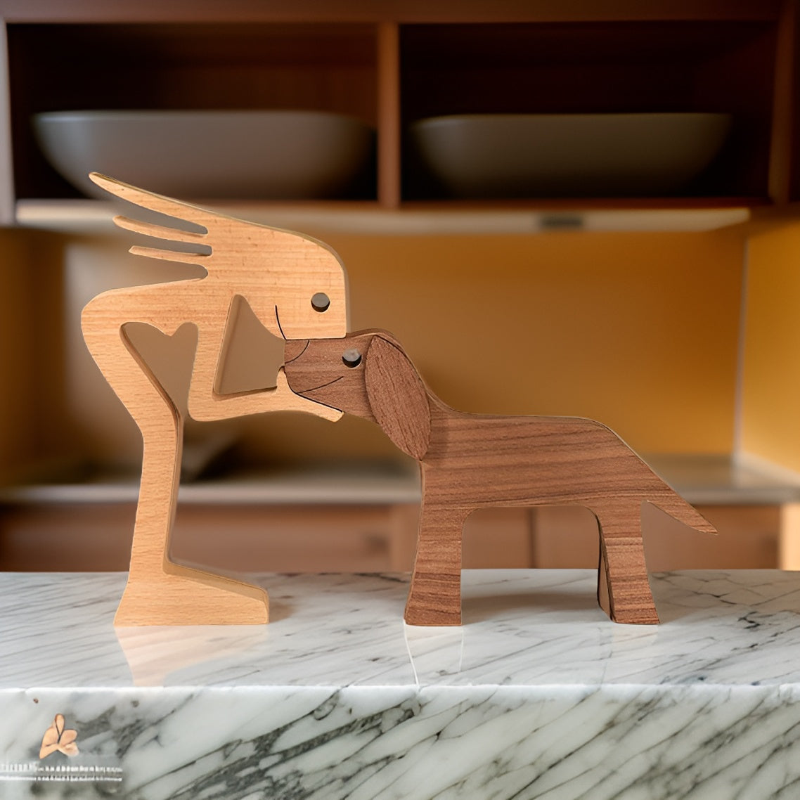 Paws of Love - Hond en Mens Houten Sculptuur Handgemaakt - Symbool van een Eeuwige Band