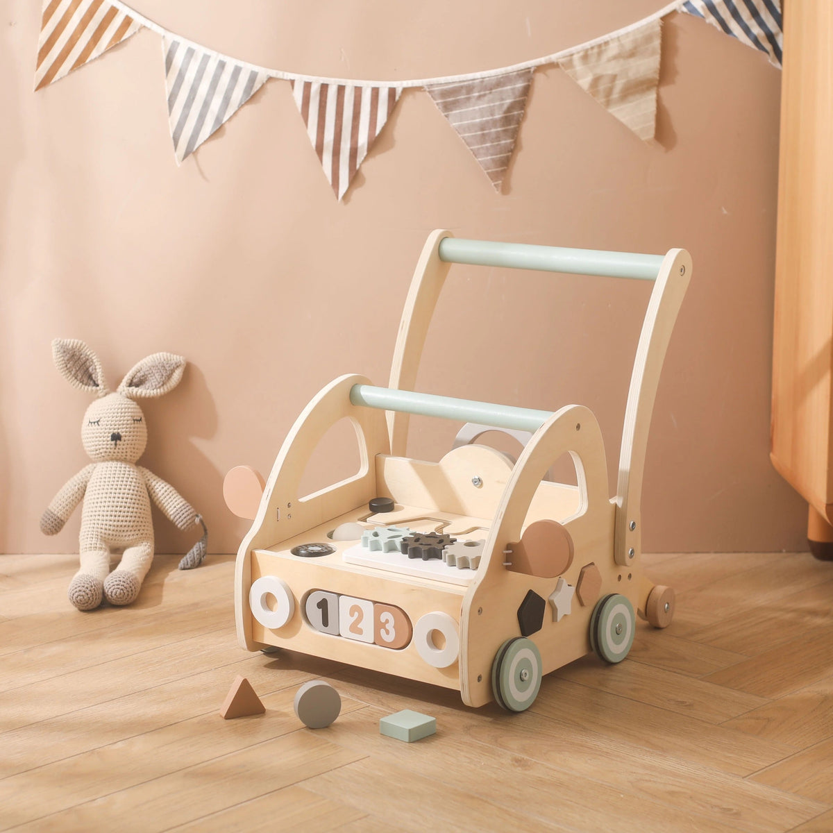 Houten Loopwagen met Montessori Spelelementen en Spiegels
