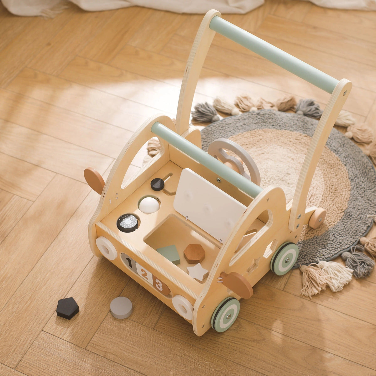 Houten Loopwagen met Montessori Spelelementen en Spiegels