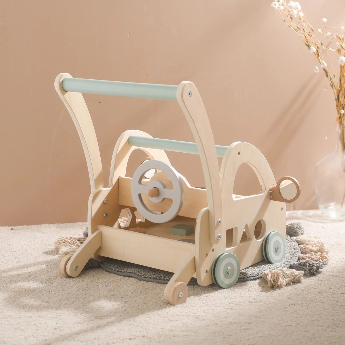 Houten Loopwagen met Montessori Spelelementen en Spiegels