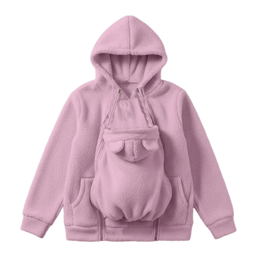 Knusse fleece hoodie om een baby in te dragen met voorvak