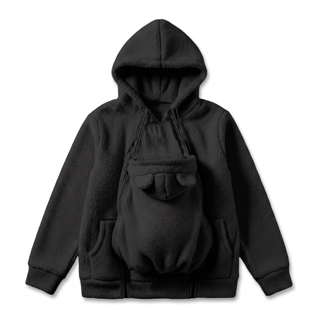 Knusse fleece hoodie om een baby in te dragen met voorvak