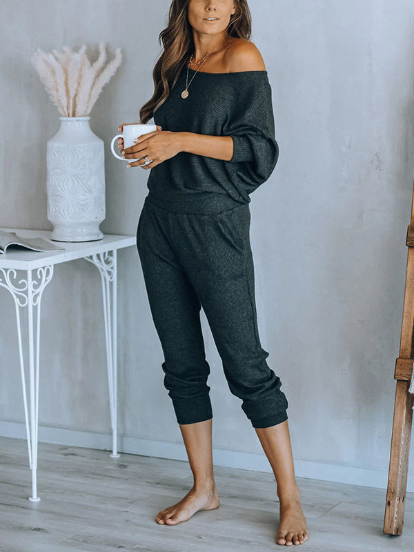 comfortabele 2-delige vrije tijd set loungeset pyjama ontspannen kleding thuis broek shirt lange mouwen off shoulder zomer lente elegant comfortabel