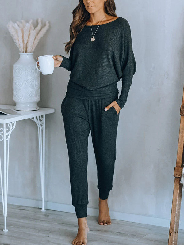 comfortabele 2-delige vrije tijd set loungeset pyjama ontspannen kleding thuis broek shirt lange mouwen off shoulder zomer lente elegant comfortabel