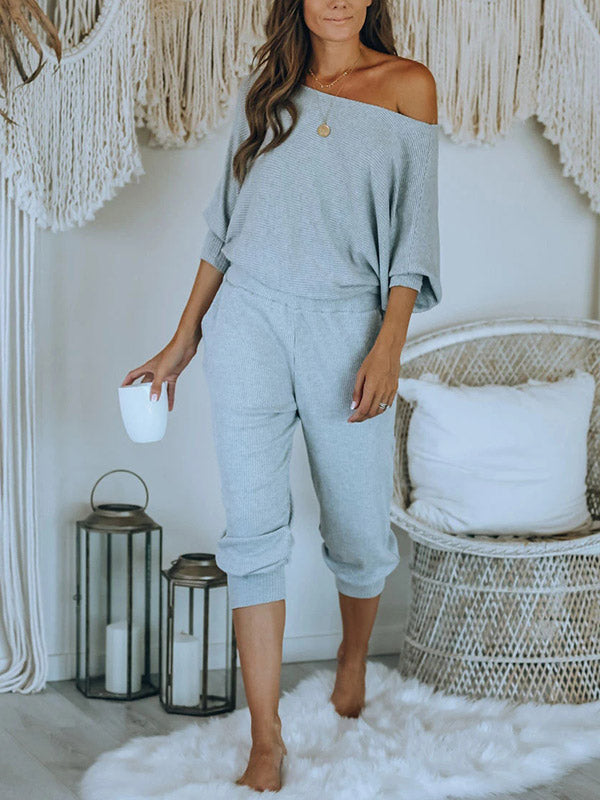 comfortabele 2-delige vrije tijd set loungeset pyjama ontspannen kleding thuis broek shirt lange mouwen off shoulder zomer lente elegant comfortabel