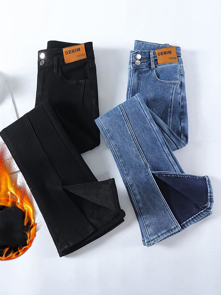 Trendy Denim Broek Met Fluweel Gevoerde Binnenkant Voor Dames - Vaquerois