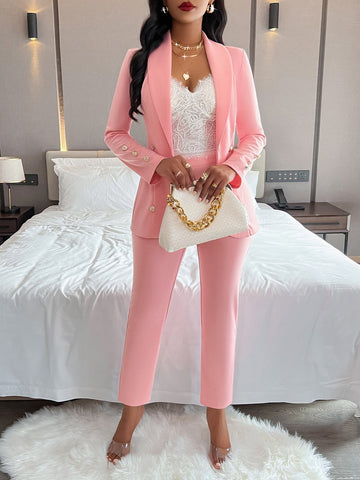 chique blazer set met knopen elegant blazer broek nette broek damespak dameskleding werkkleding zomer lente roze