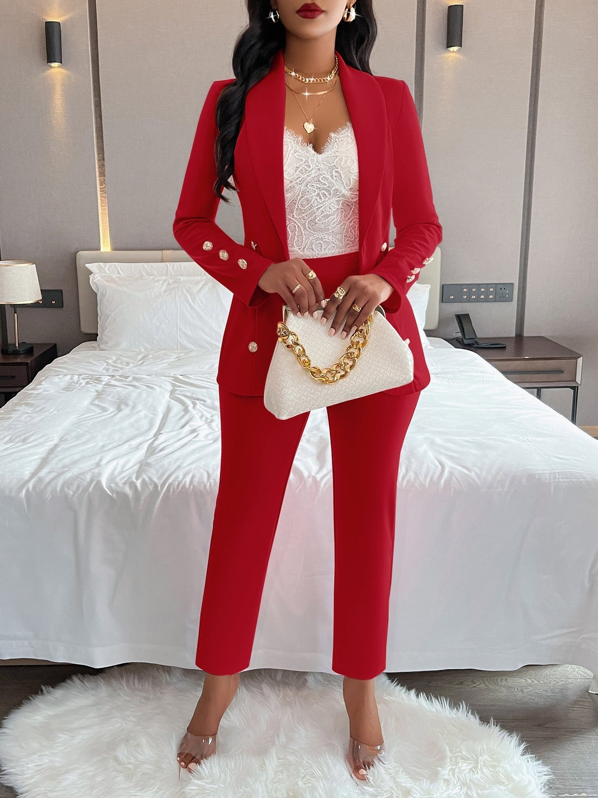 chique blazer set met knopen elegant blazer broek nette broek damespak dameskleding werkkleding zomer lente rood