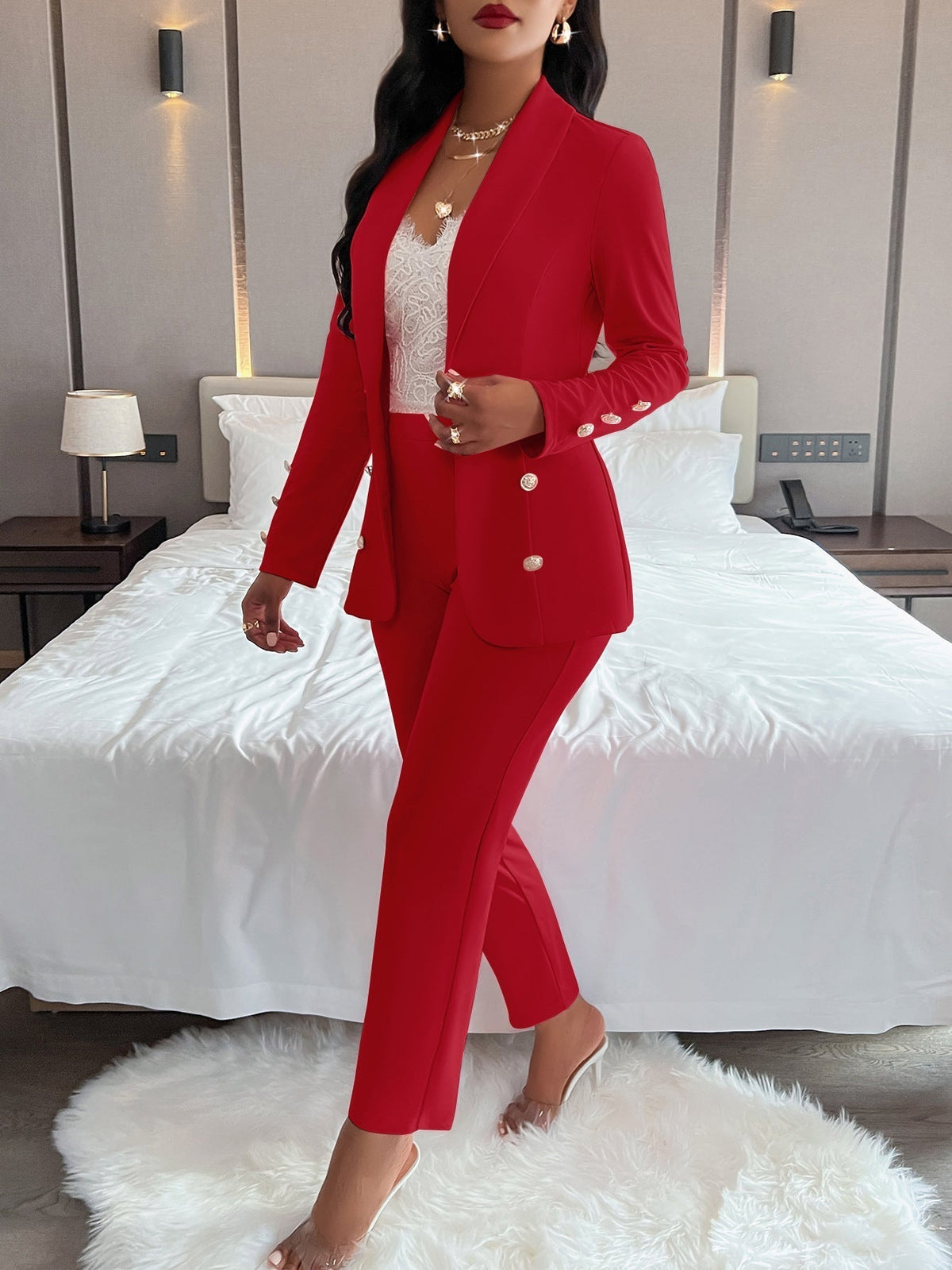 chique blazer set met knopen elegant blazer broek nette broek damespak dameskleding werkkleding zomer lente roze