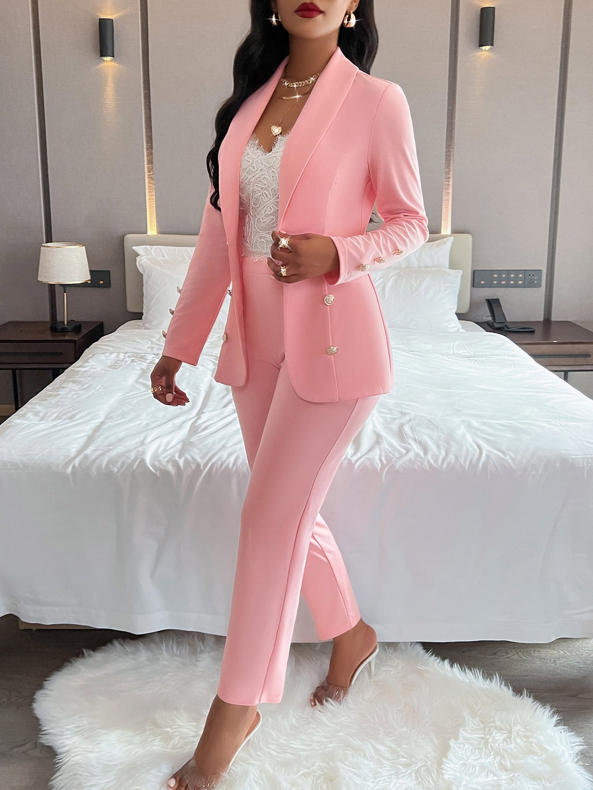 chique blazer set met knopen elegant blazer broek nette broek damespak dameskleding werkkleding zomer lente roze