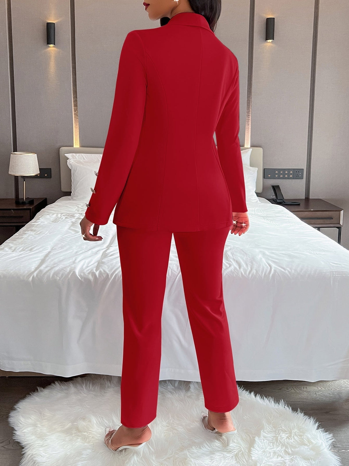 chique blazer set met knopen elegant blazer broek nette broek damespak dameskleding werkkleding zomer lente rood