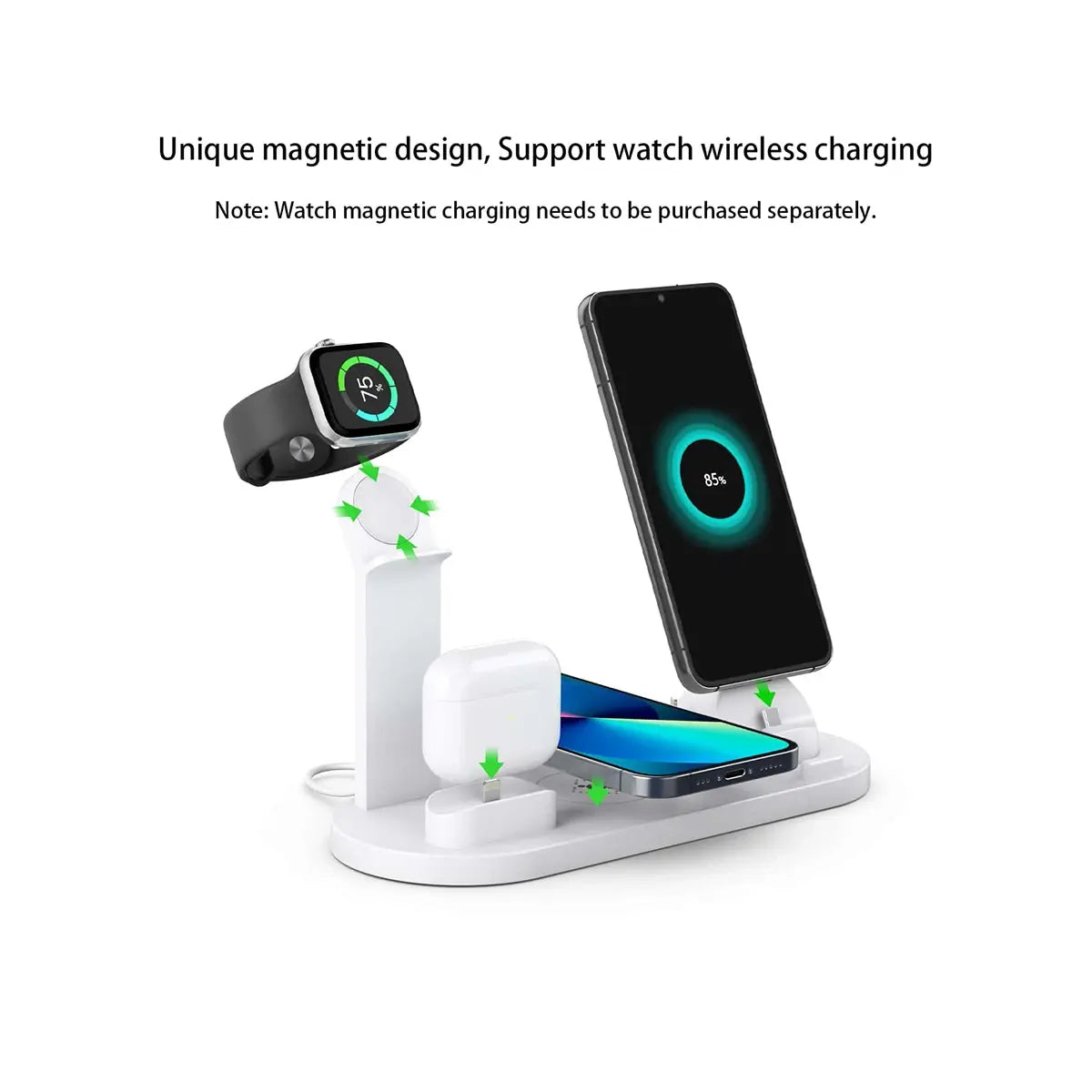 Draadloos oplaadstation voor telefoon, smartwatch en oordopjes