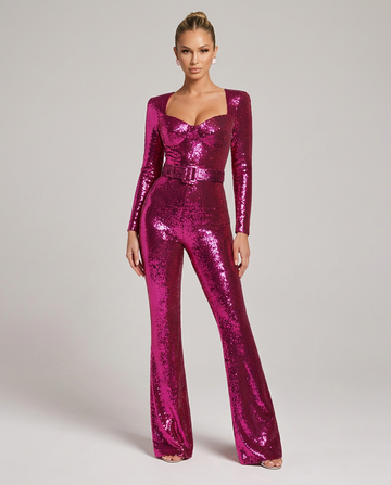 Jumpsuit voor dames met pailletten, hartvormige hals, lange mouwen en getailleerde riemtaille