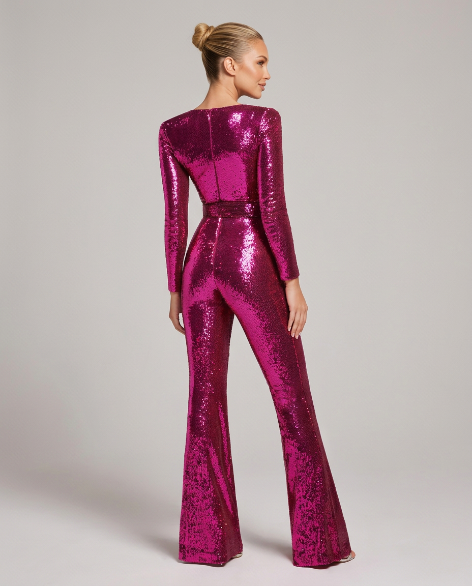 Jumpsuit voor dames met pailletten, hartvormige hals, lange mouwen en getailleerde riemtaille