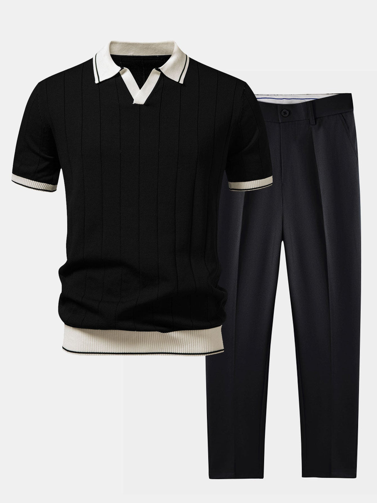 Heren-ribpolo & taps toelopende broek – smart-casual set