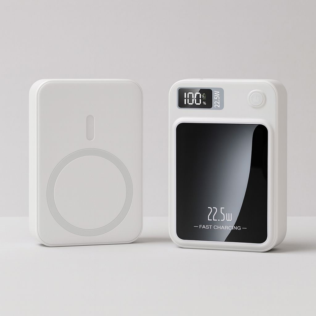 Draagbare powerbank van 20.000 mAh met 22,5 W snelladen en draadloos opladen.