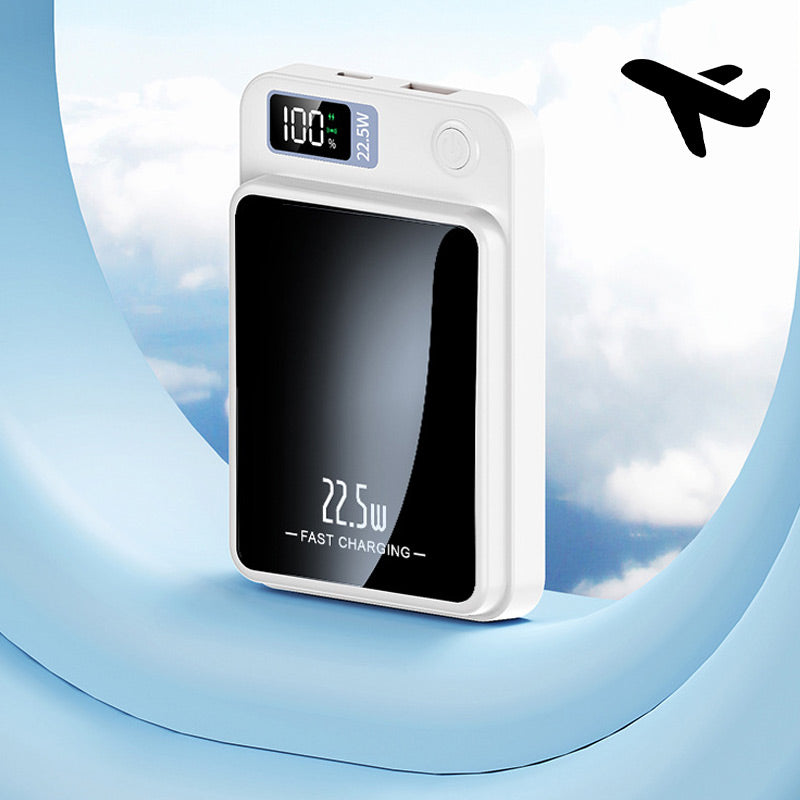 Draagbare powerbank van 20.000 mAh met 22,5 W snelladen en draadloos opladen.