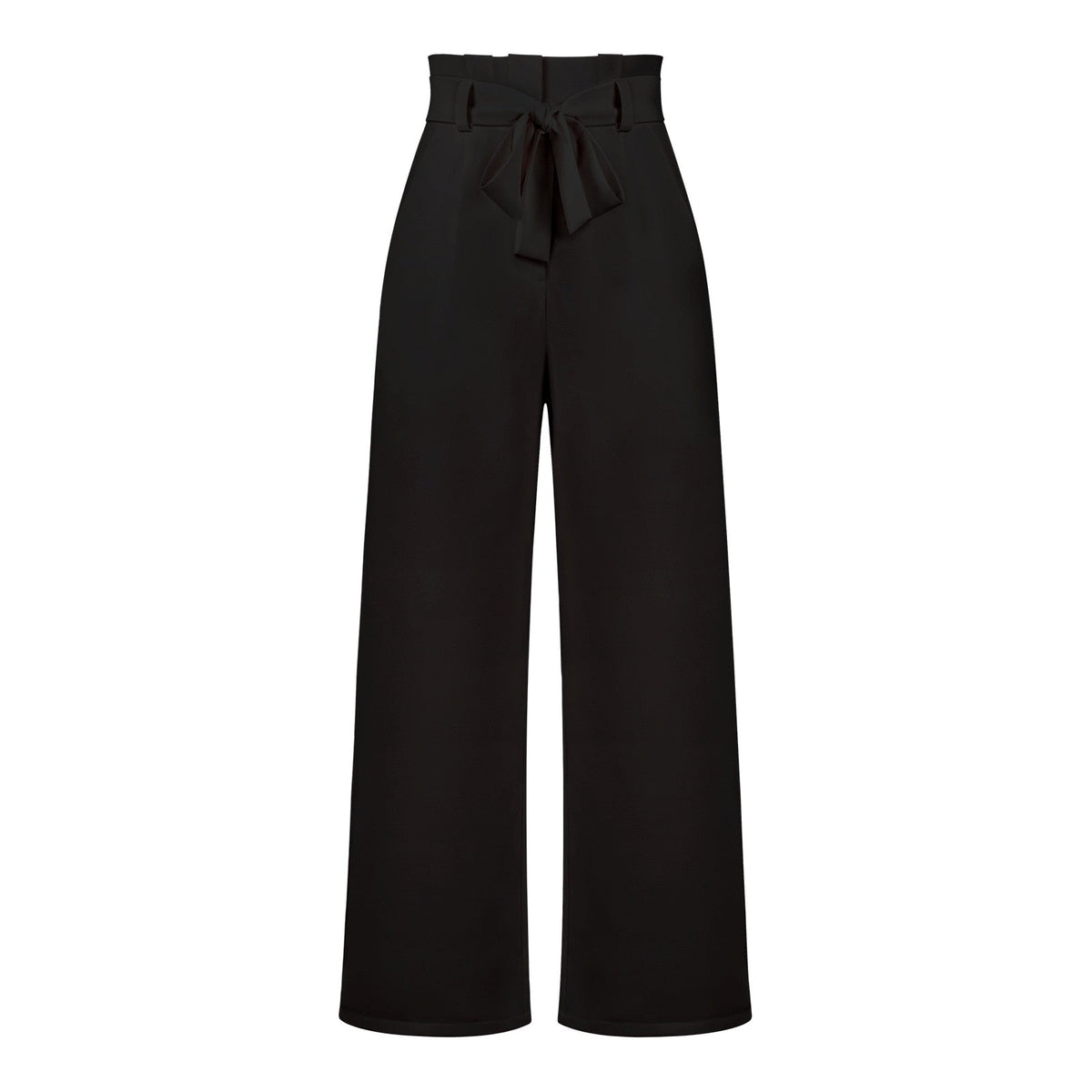 Model draagt soeple en lichte linnen broekpak wijde broekdames broek zomerse broek luchtig met elegante strik detail en hoge taille zwart