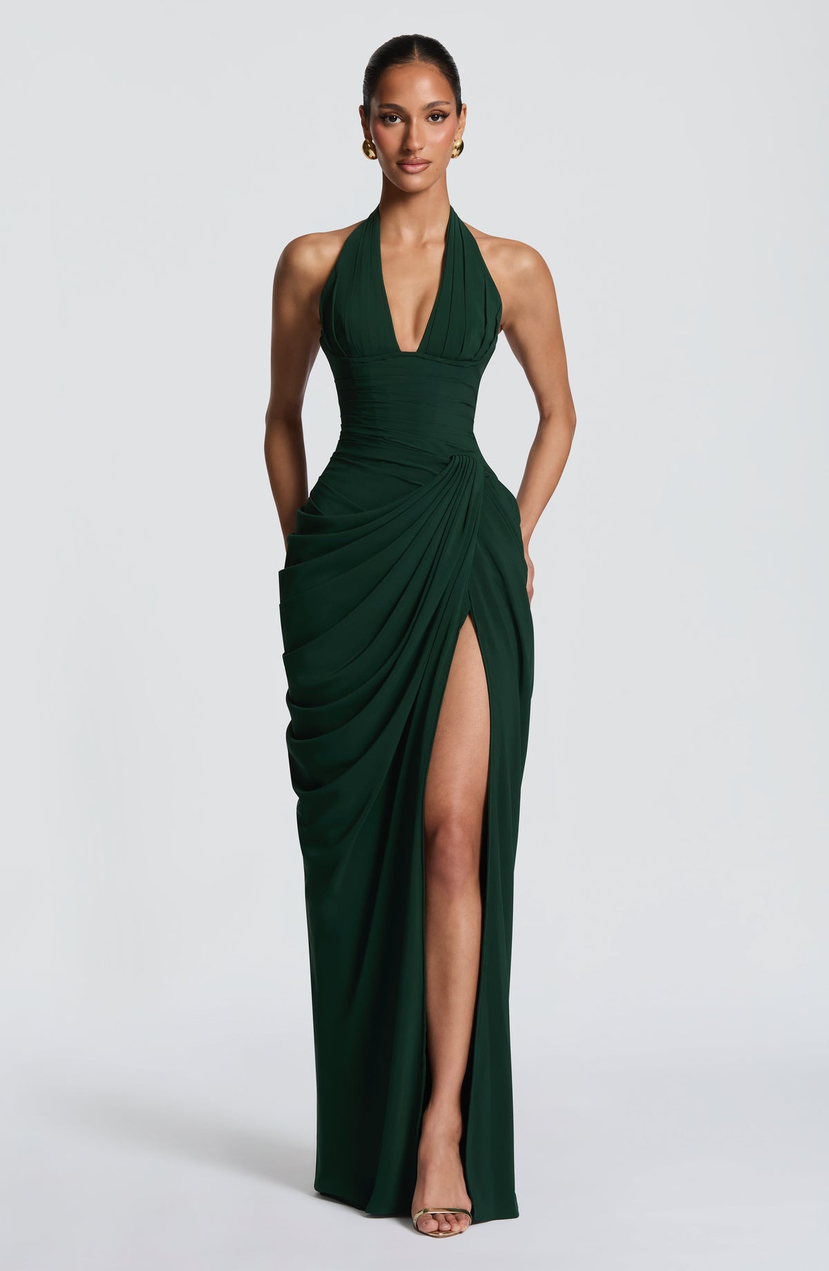 Linde maxi-jurk met halternek, korsetbovenstuk en chiffon rok