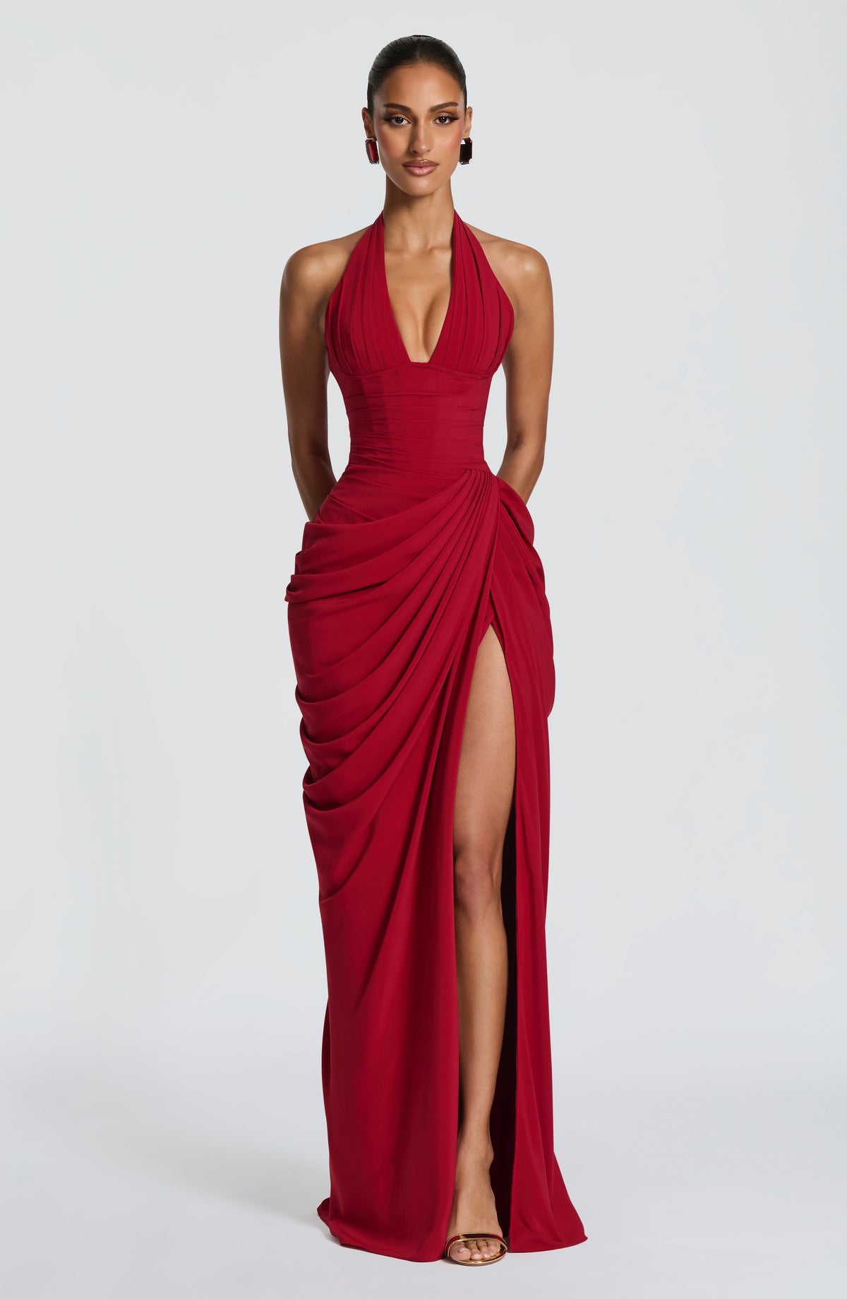 Linde maxi-jurk met halternek, korsetbovenstuk en chiffon rok
