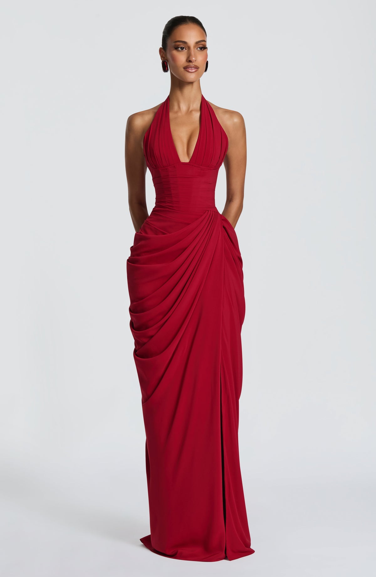 Linde maxi-jurk met halternek, korsetbovenstuk en chiffon rok