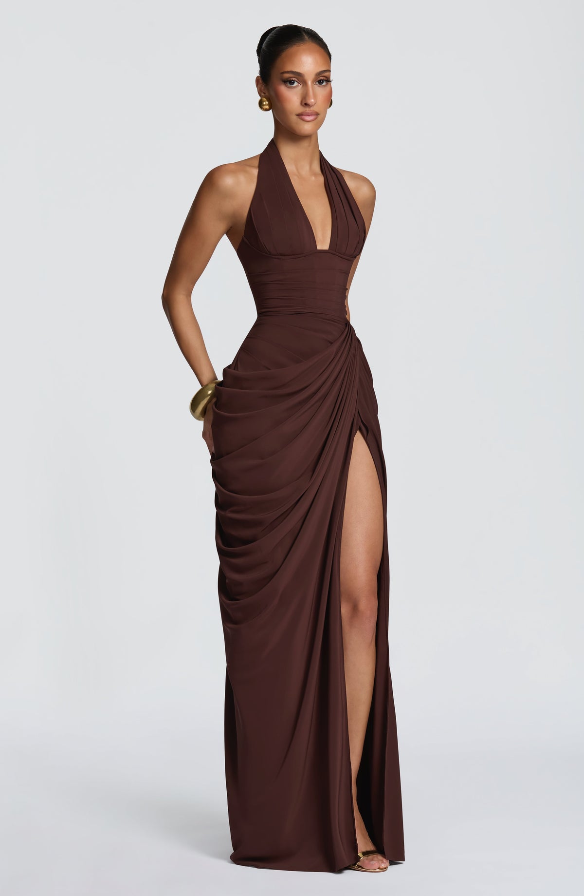 Linde maxi-jurk met halternek, korsetbovenstuk en chiffon rok