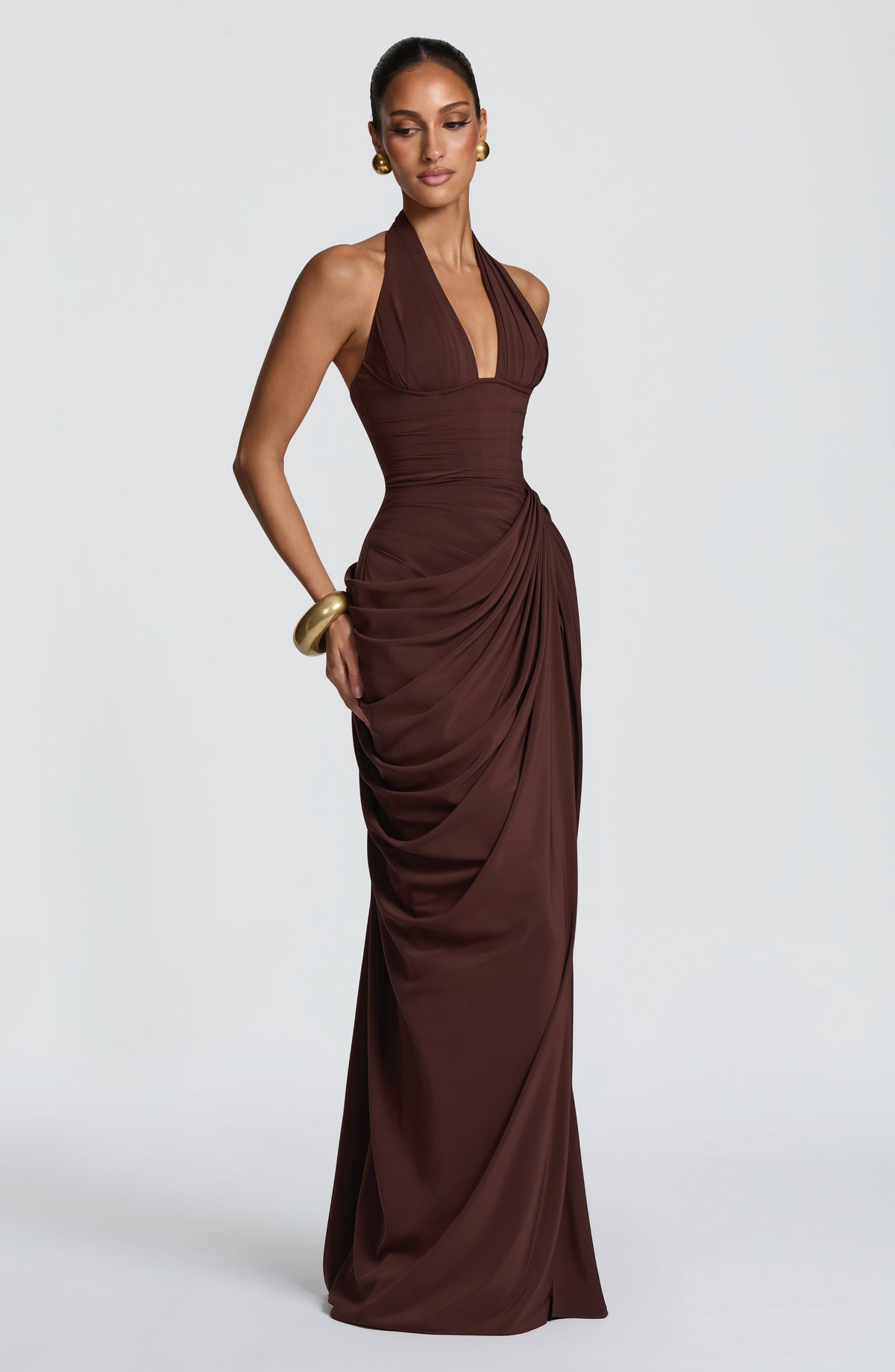 Linde maxi-jurk met halternek, korsetbovenstuk en chiffon rok
