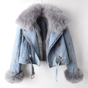 Tweed Spijkerjasje Blauw Met zachte Bontvoering