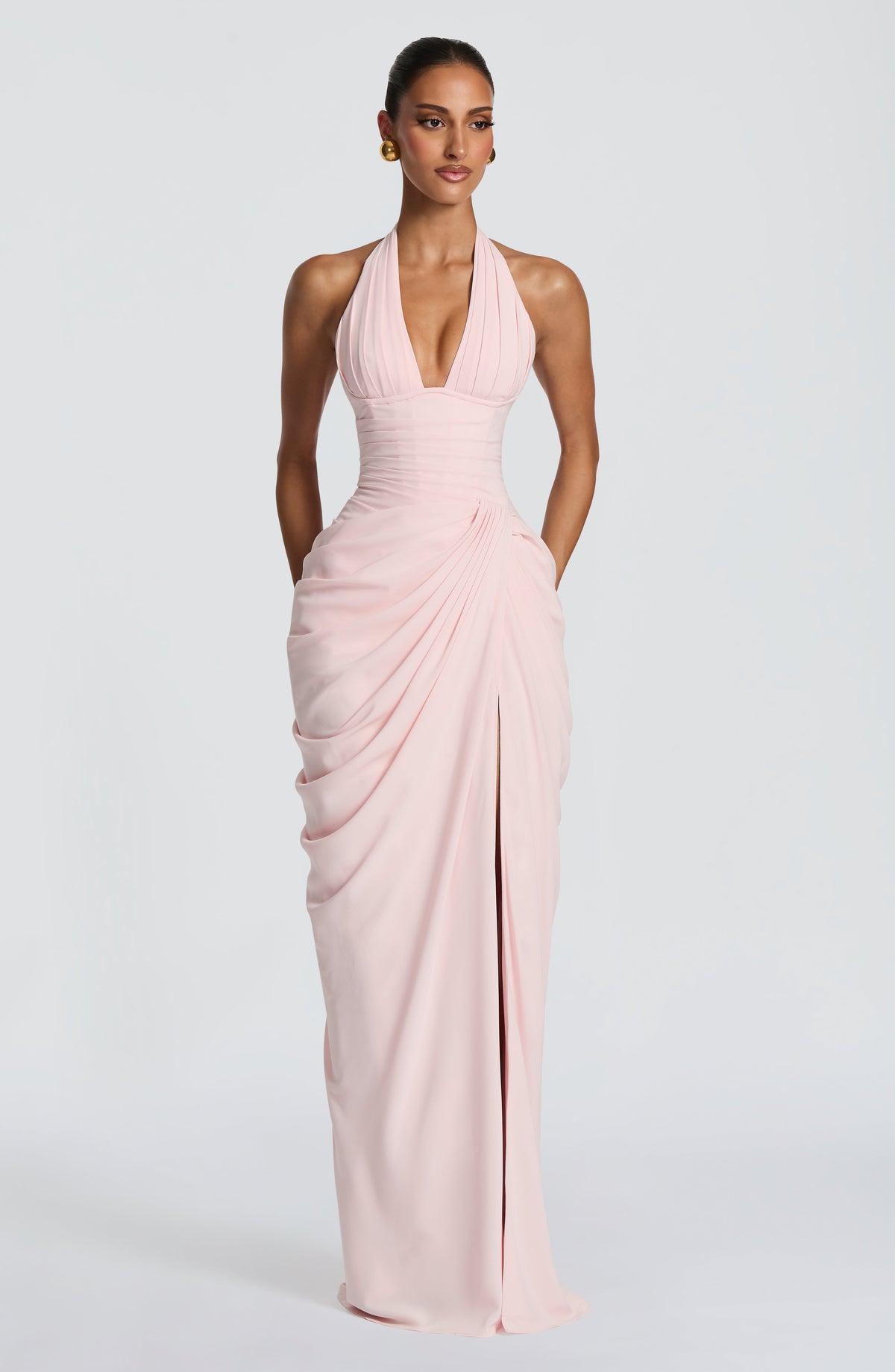 Linde maxi-jurk met halternek, korsetbovenstuk en chiffon rok