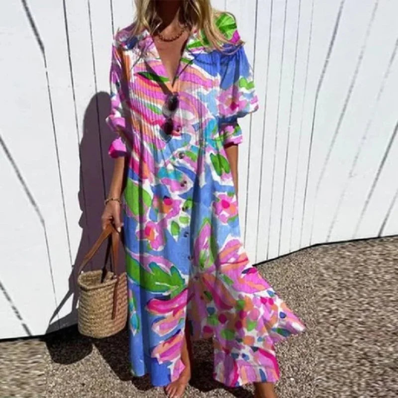Maxi-jurk met bloemenprint, V-hals en lange mouwen voor dames