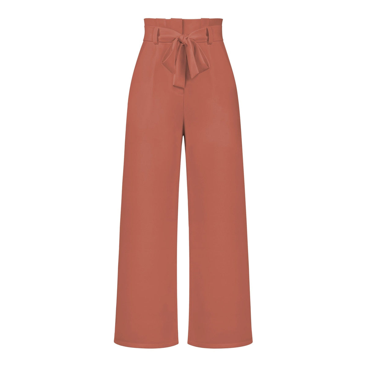 Model draagt soeple en lichte linnen broekpak wijde broekdames broek zomerse broek luchtig met elegante strik detail en hoge taille oranje
