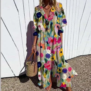 Maxi-jurk met bloemenprint, V-hals en lange mouwen voor dames