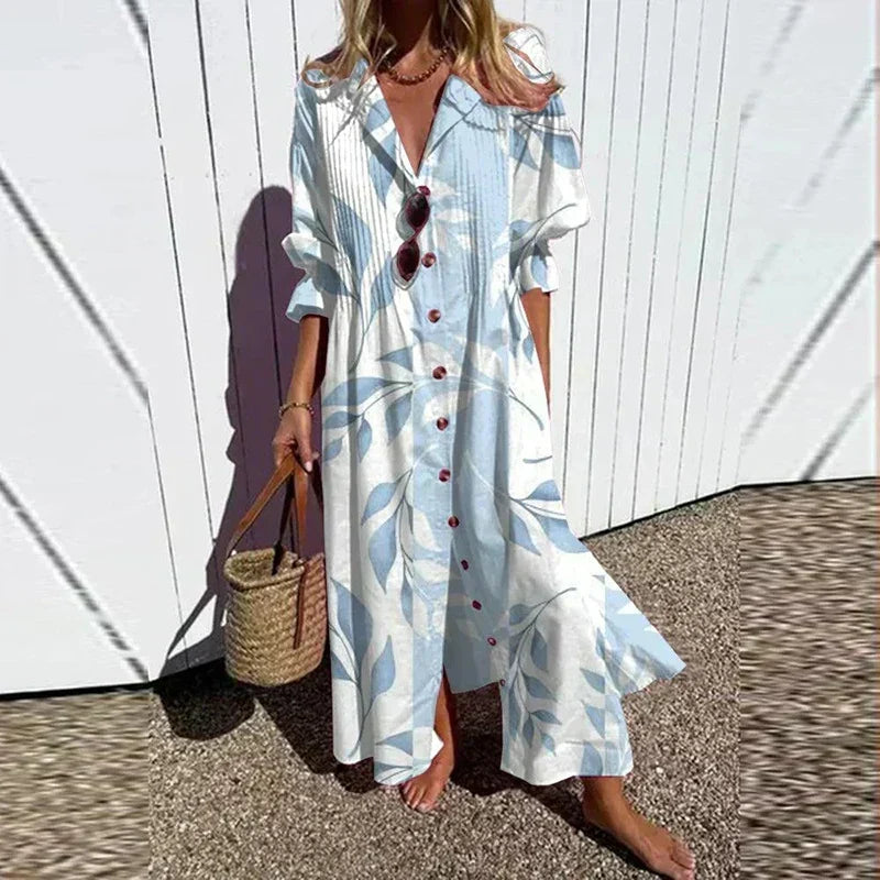 Maxi-jurk met bloemenprint, V-hals en lange mouwen voor dames