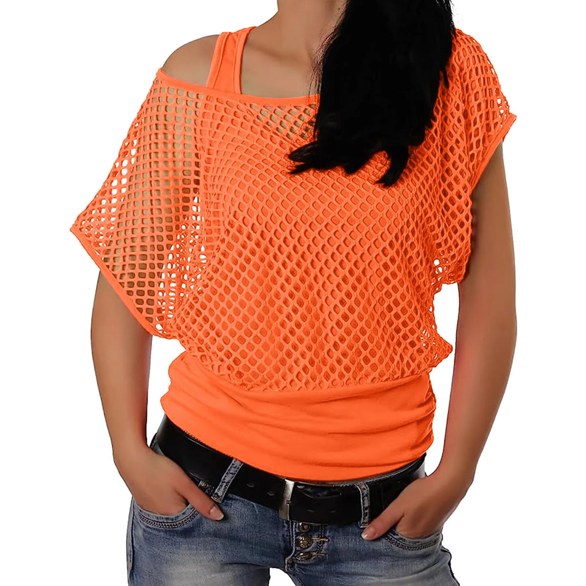 Oranje Off-Shoulder Fishnet Top voor Koningsdag