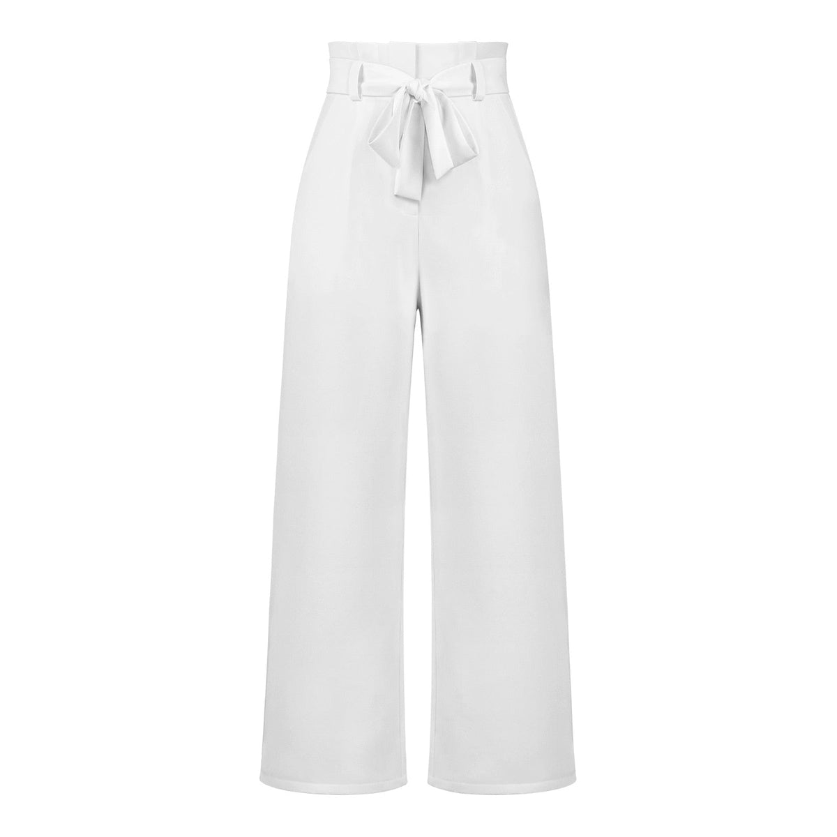 Model draagt soeple en lichte linnen broekpak wijde broekdames broek zomerse broek luchtig met elegante strik detail en hoge taille wit